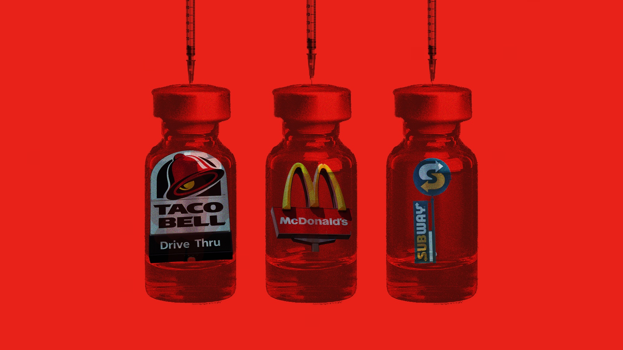Three vaccine bottles with fast food chain signs within them and syringes on top with red background January 2022.