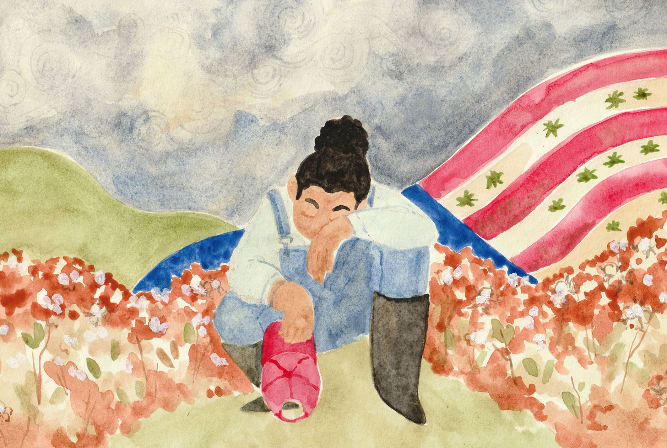 Black woman kneels with her hand on her face and knee. Rolling green hills in the background in a field of cotton and an American flag in watercolor. March 2022