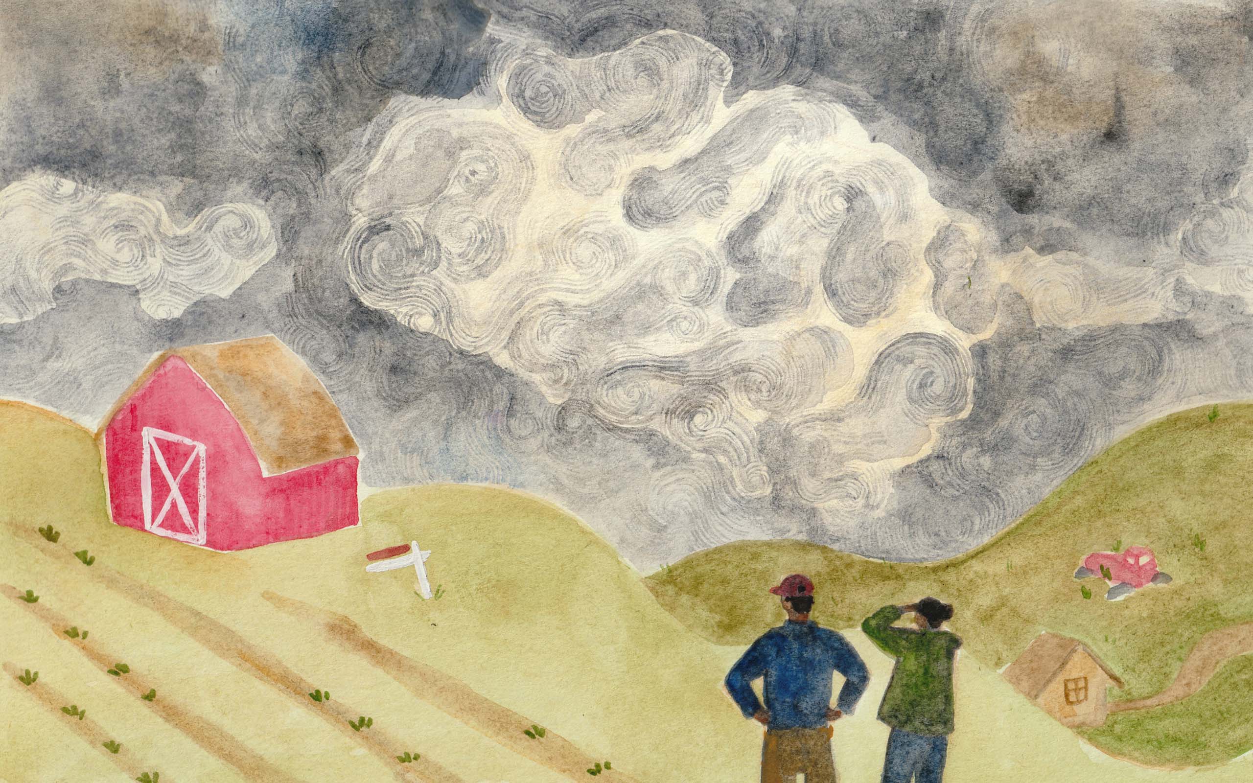 Two Black farmers in the bottom right hand corner look up at a sky of swirling clouds in the shape of a brain overlooking their land with a red barn. Watercolor, March 2022