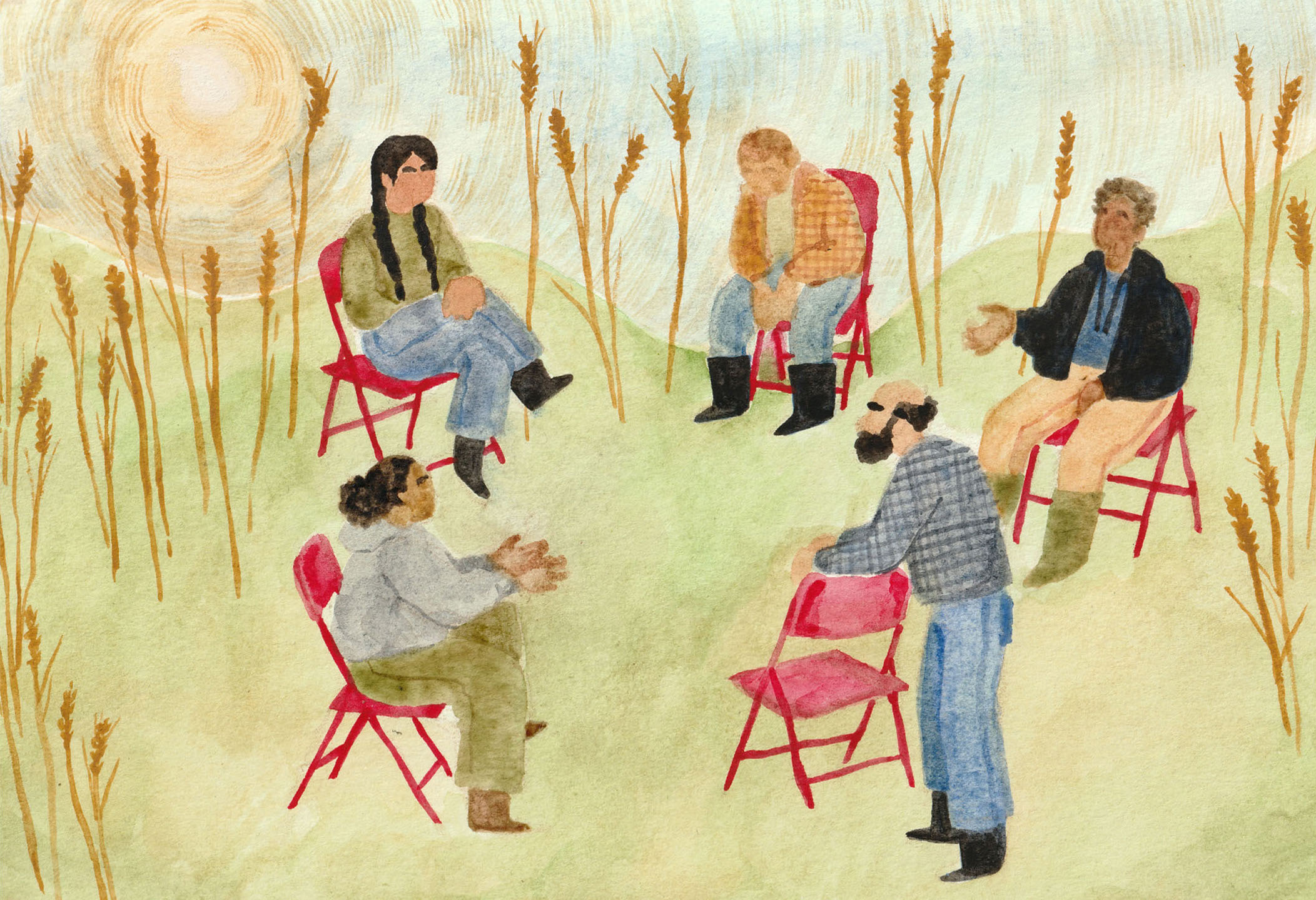 Black farmers sit in a circle of red chairs in a field of wheat. Water color illustration. March 2022