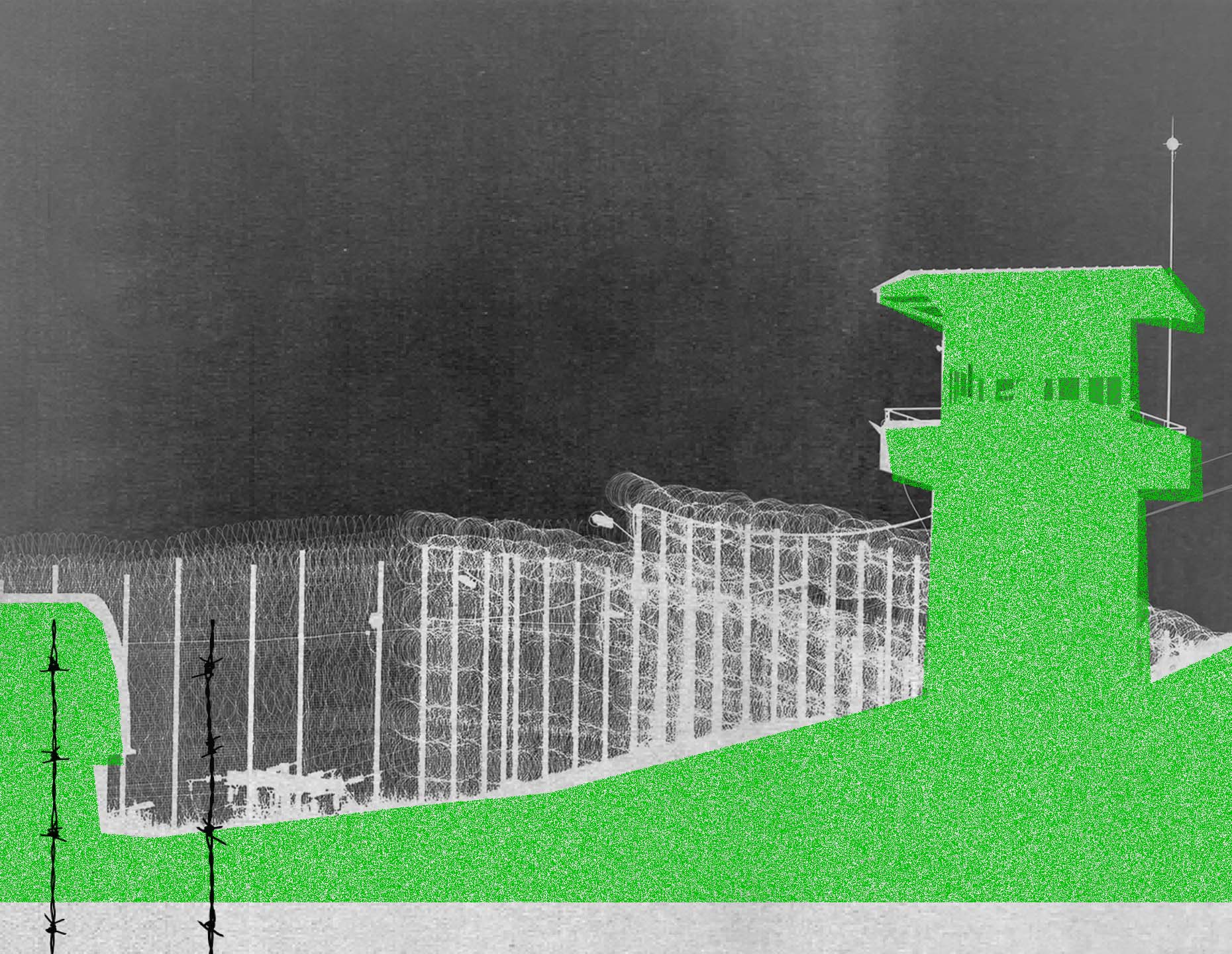 Illustration collage with a prison outlined in green. January 2022