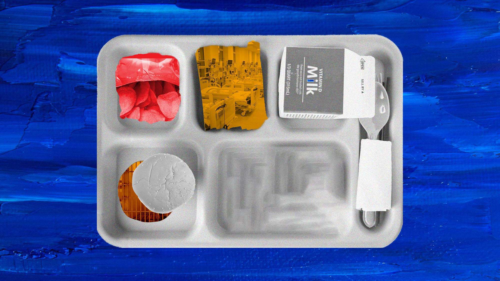 Gray tray with orange and red scenes of chips, hospital, and prison bars on blue painted background January 2022 social.