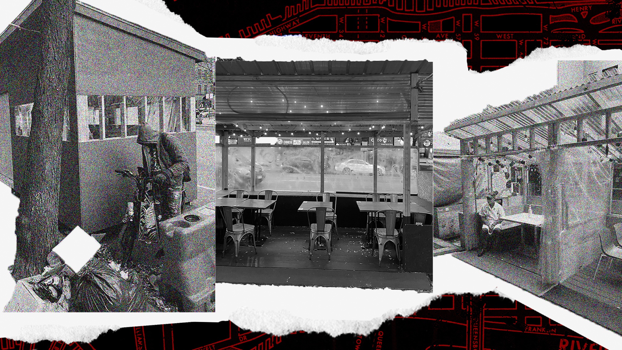 Feature image collage of outdoor dining sheds in black and white over a black and red map of NYC with torn pieces of white paper. March 2022