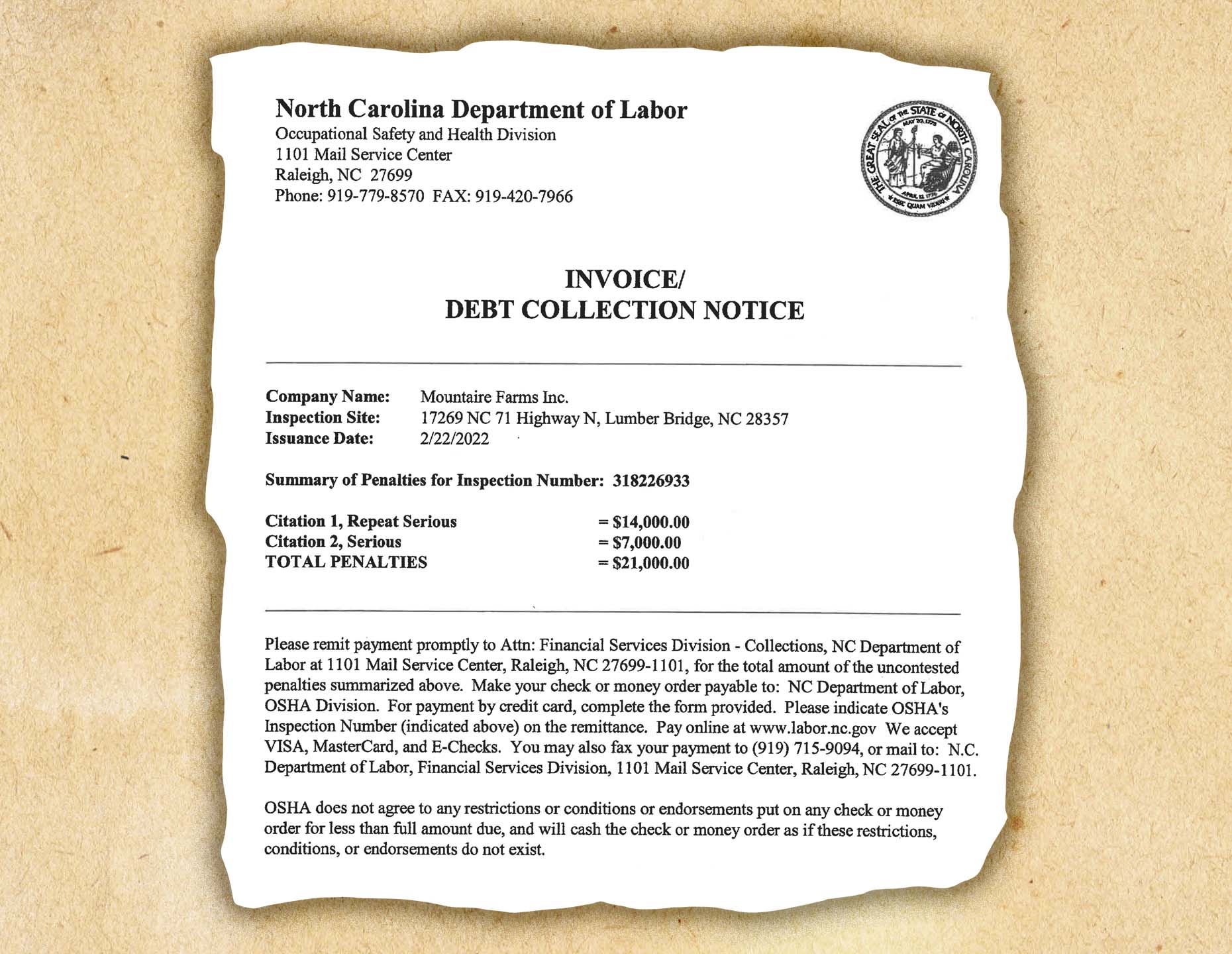 A document cutout from the North Carolina Department of Labor, Occupational Safety and Health Division. An invoice to Mountaire Farms Inc. on penalties for inspections. March 2022