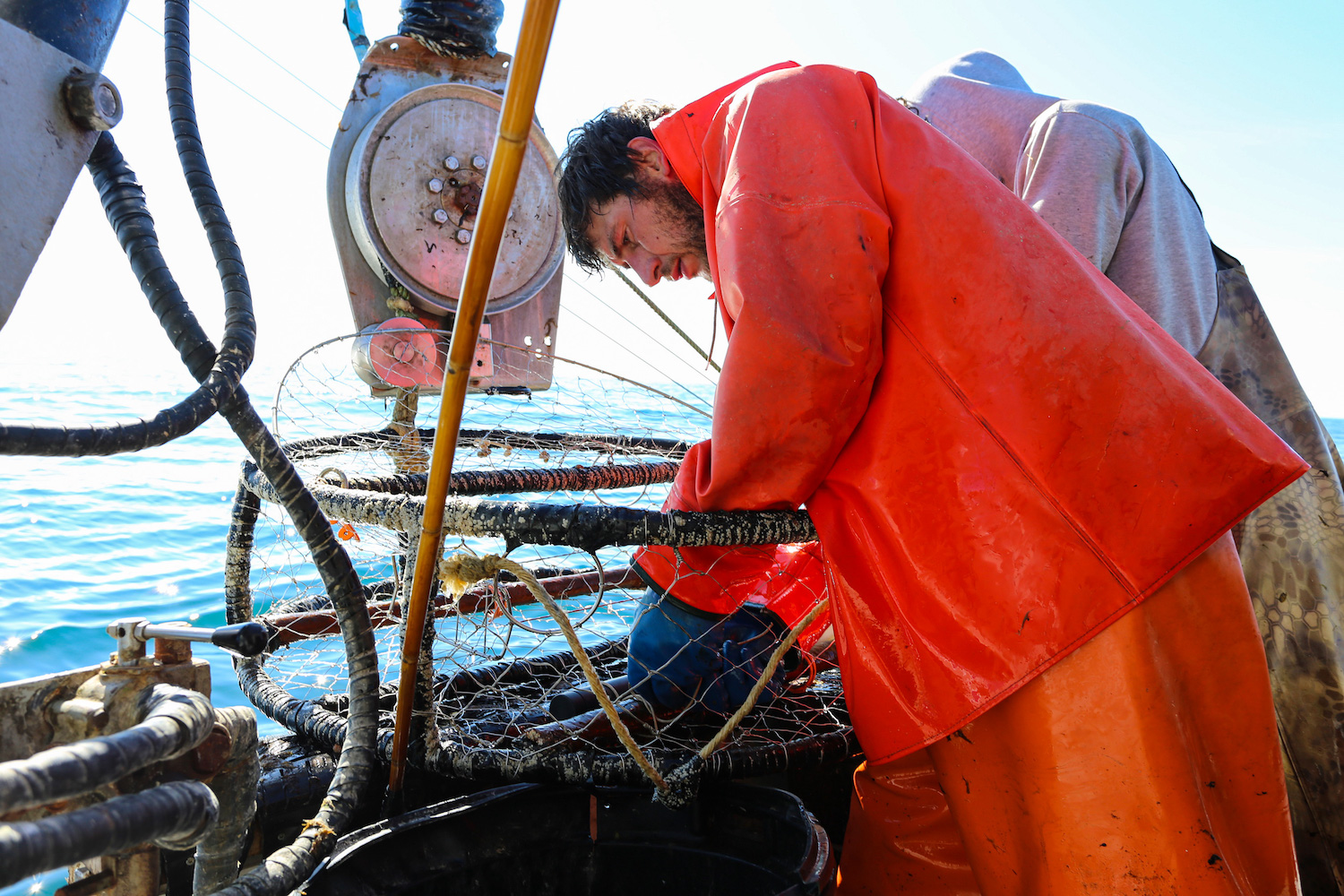 Crew members check crabs and the oxygen sensors. March 2022
