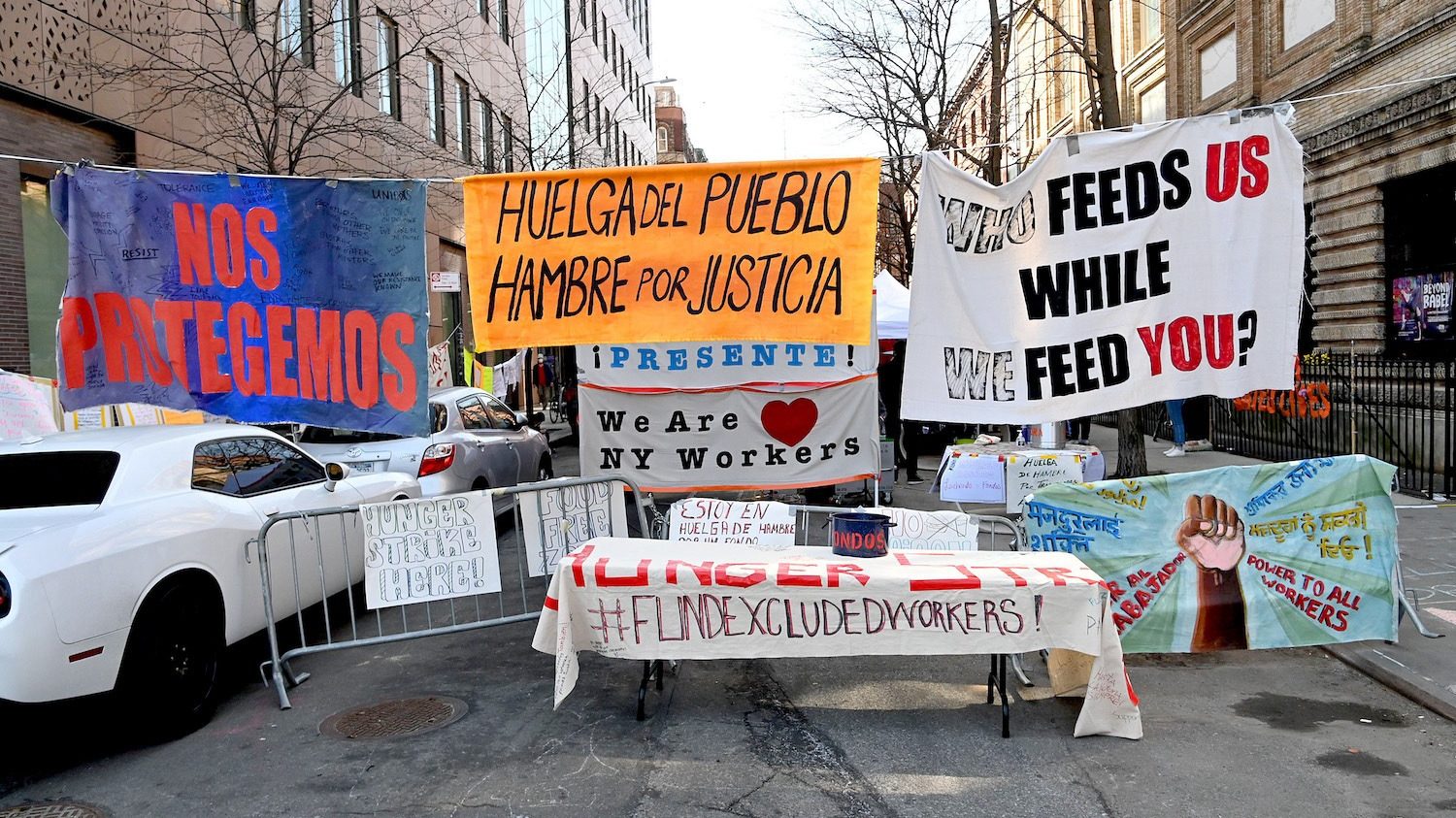 A general view of workers and community allies who are entering the second week of a hunger strike for additional funding in the state budget for workers who have been excluded from federal and state aid for the duration of the coronavirus pandemic at Judson Memorial Church on March 23, 2021 in New York City. March 2022