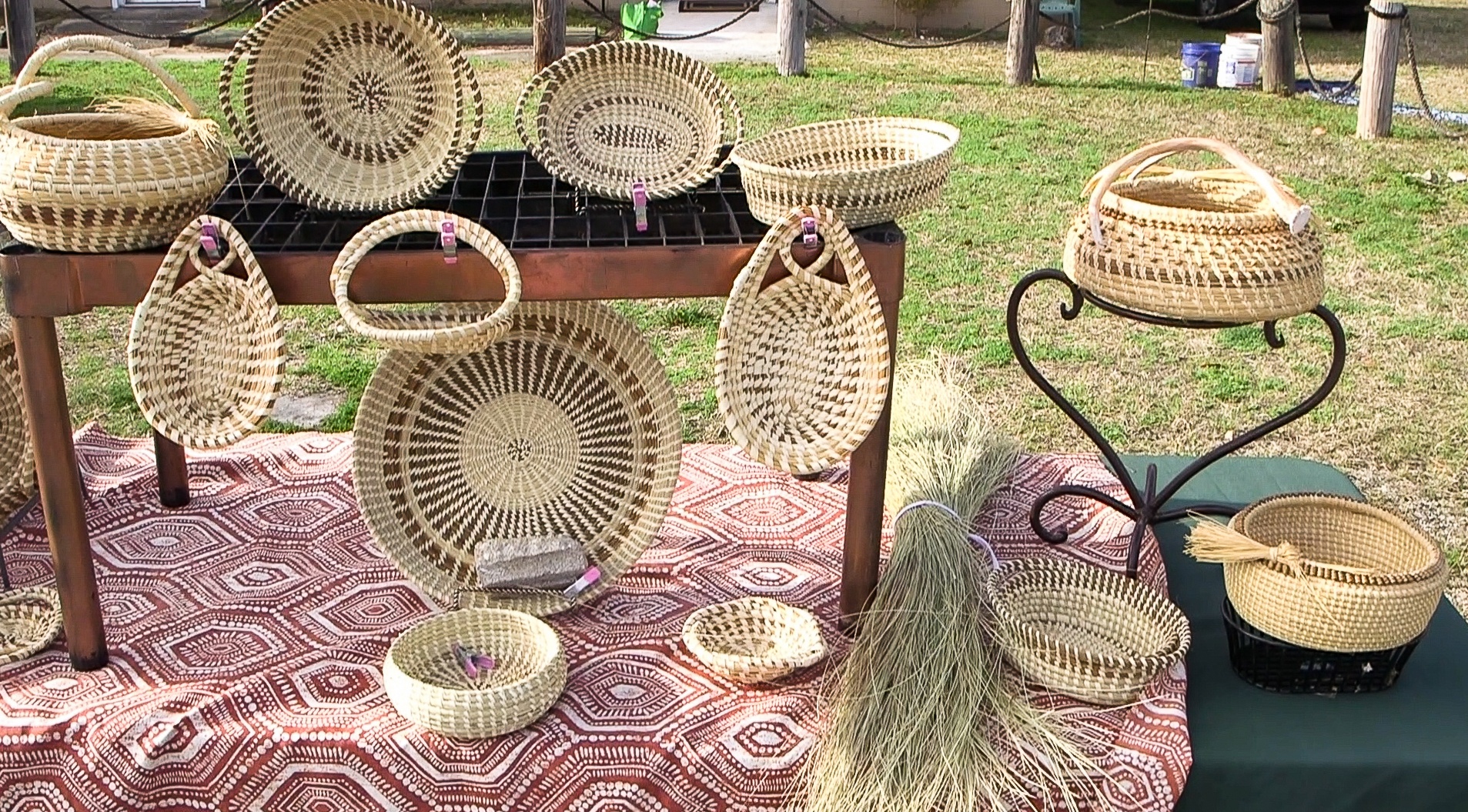 Still of Georgette Sanders' sweetgrass baskets outside of her studio in Mount Pleasant, South Carolina. Feb. 2022