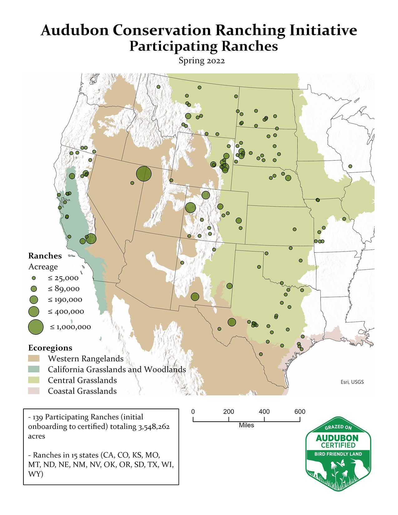 A map of Audubon conservation ranching initiative sites and their participating ranches in the western united states April 2022.