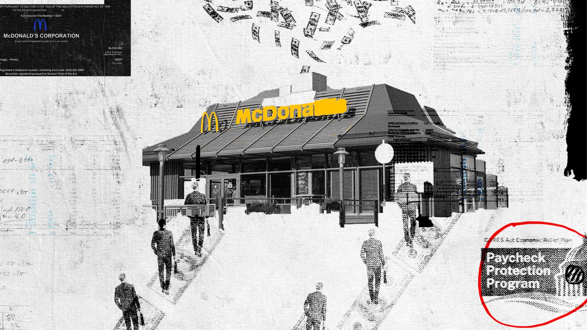 A Mcdonald's is centered with logo in bright yellow surrounded by reports, logos, numbers, money, and people all on a rough white background April 2022.