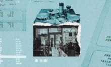 A house silhouette is made out of two photos with paper tear in middle with numbers and checks on blue textured background April 2022.
