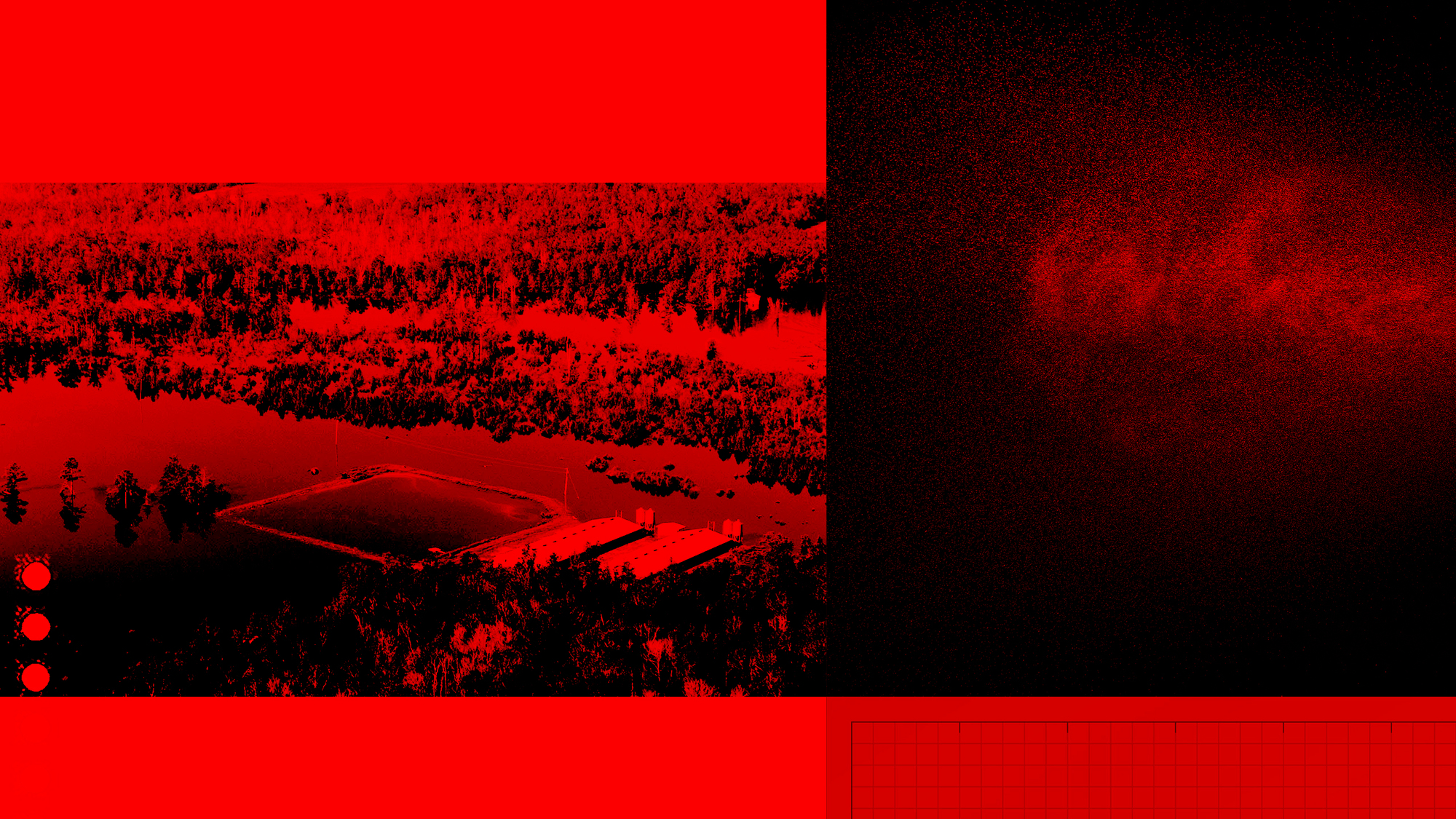 A red graphic of a flooded farm, graphs, and an unknown substance in the air April 2022.