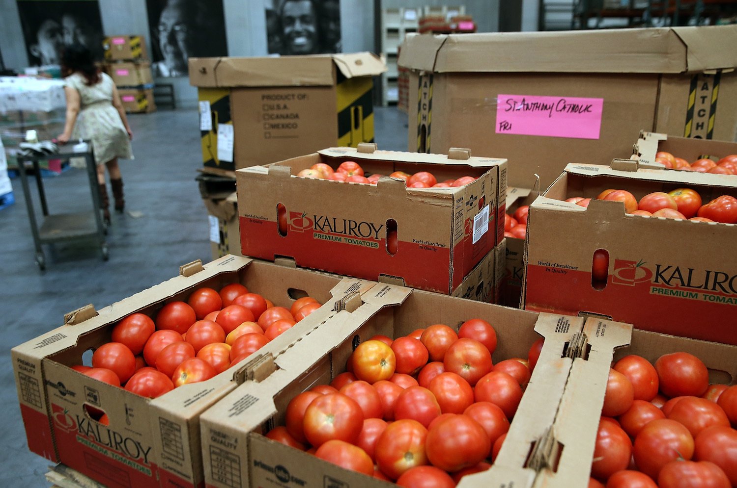 Boxes of tomatoes sit in the warehouse at the SF-Marin Food Bank on May 1, 2014 in San Francisco, California.