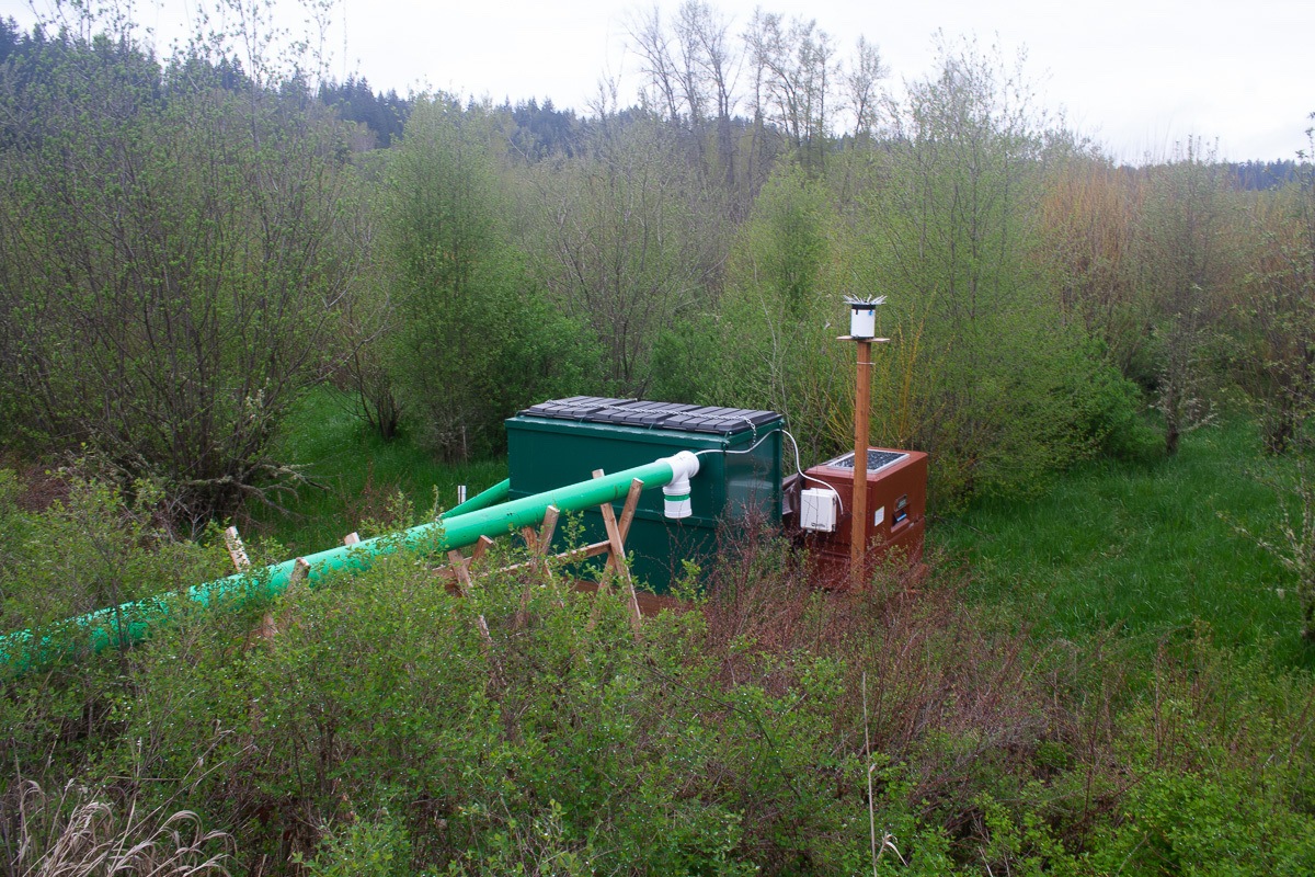 A pilot installation along Highway 7 at Ohop Creek, to collect water as it runs off the road, channeling it into a dumpster-size box where it can be treated—filtered through a mix of sand and organic matter before being released back into the surface waters. May 2022
